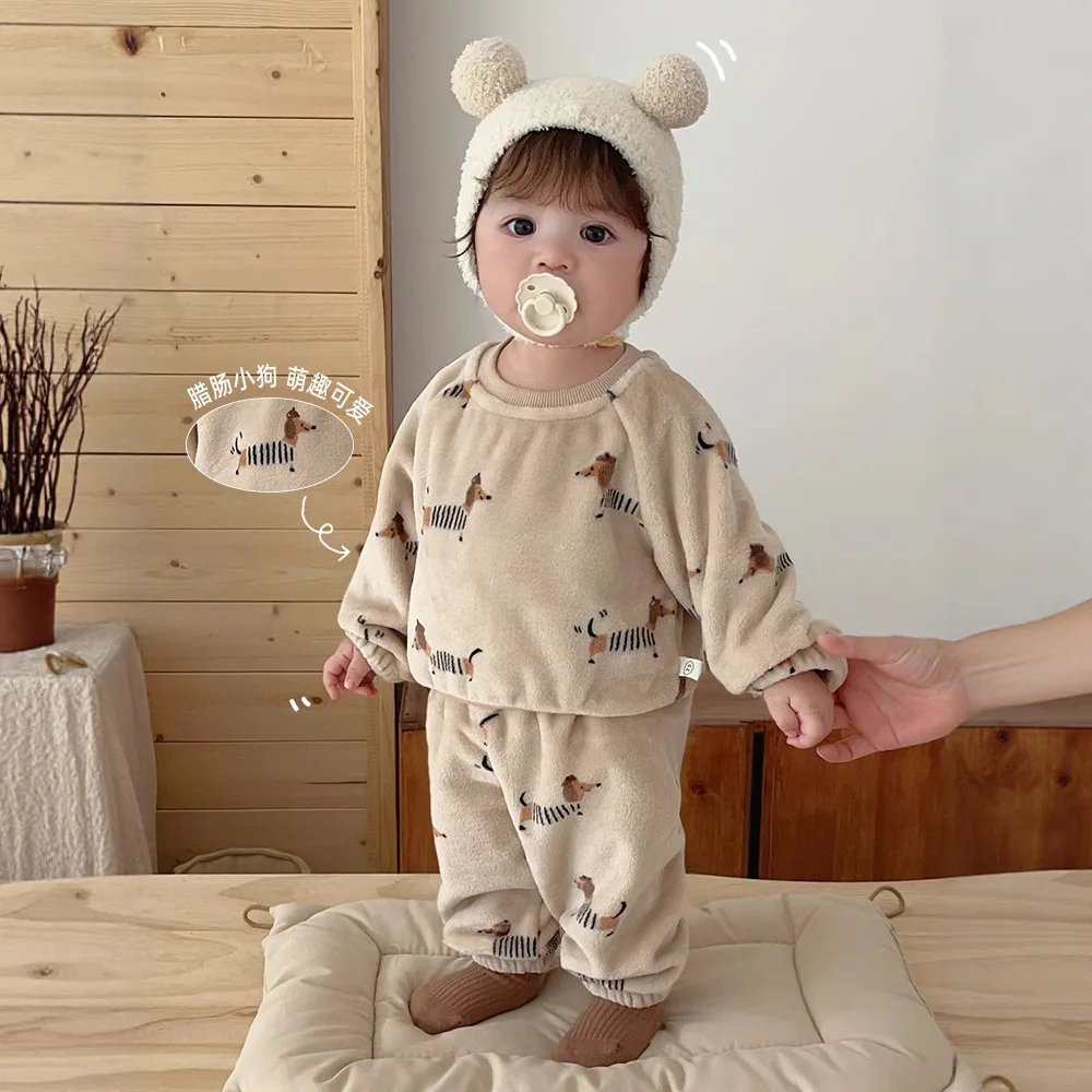 Children's Double-sided Velvet Set 0-5 Years Old Winter Boys' Fashionable Cartoon Hoodie and Girls' Sweatpants Two-piece Set