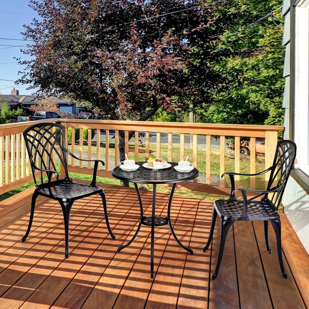 

Cast Aluminum Patio Bistro Set with Umbrella Hole, 3 Piece Outdoor Bistro Set Rust-Resistant, Patio Table and Chairs