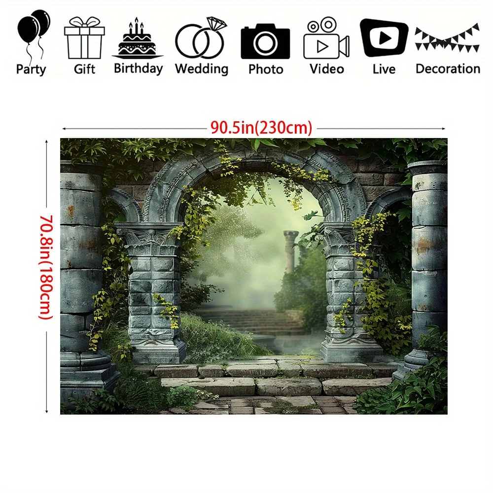 Vintage Palace Garden Backdrop - Gothic Castle Pillars & Arched Stairs, Foggy Medieval Thoto Prop For Parties & Portraits,