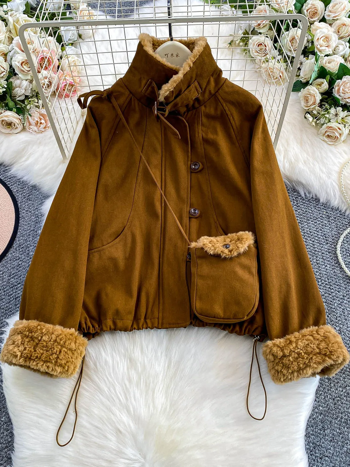 

Women's Thiened Brown Patchwork Stand Collar Jaet ort Outerwear Winter Loose Slimming Top American Sle Long Sve