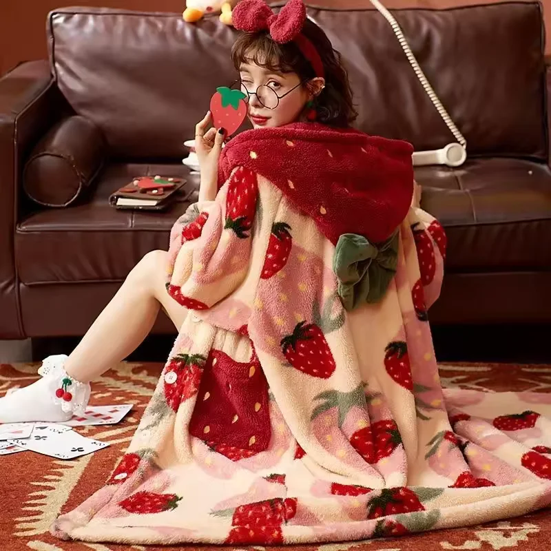 Winter Pajamas for Women Strawberry Cartoon Hooded Long Robe Cute Home Wear Sleepwear Kawaii Flannel Warm Comfy Bathrobe