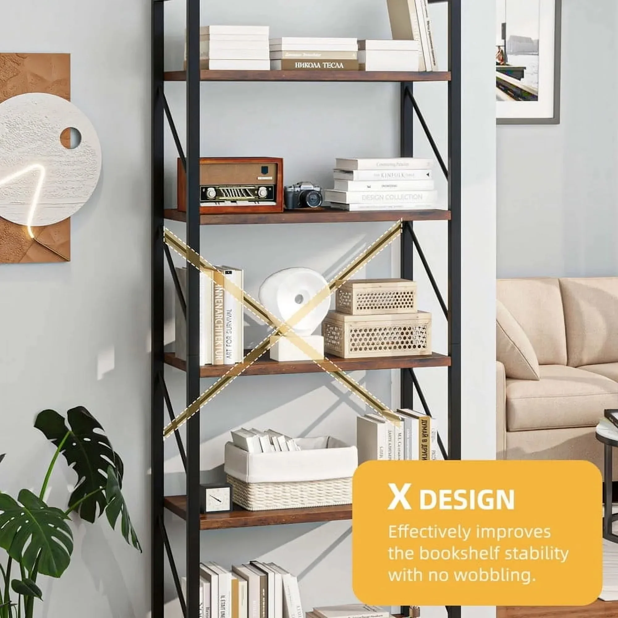 

5 Tier Bookshelf, 62" Industrial Open Bookcase Storage Organizer，Classic Ladder Bookshelf for Bedroom, Living Room