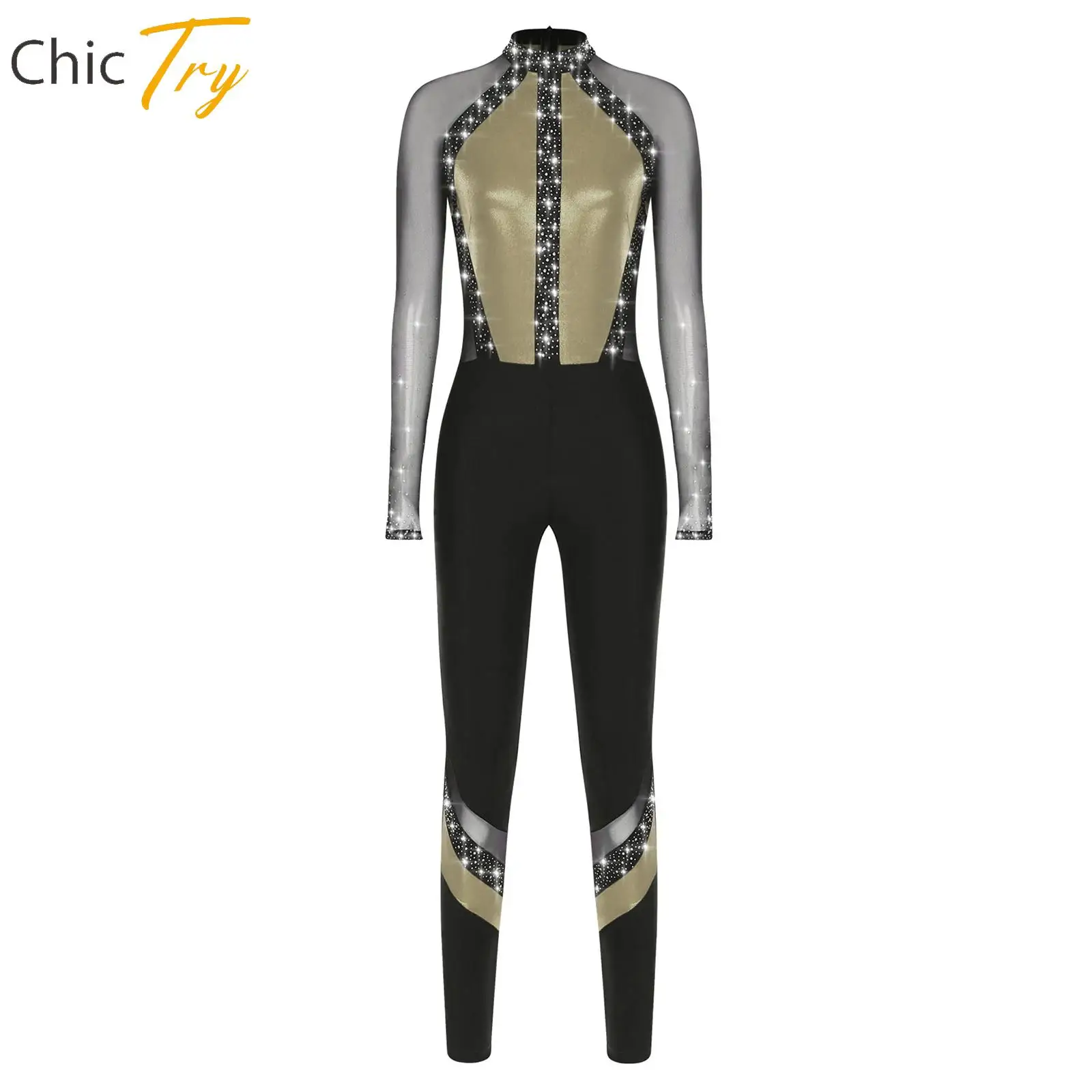 

Figure Ice Skating Dance Jumpsuit for Women Shiny Rhinestones Ballet Dance Gymnastics Leotard Costume Full Body Leotard Bodysuit