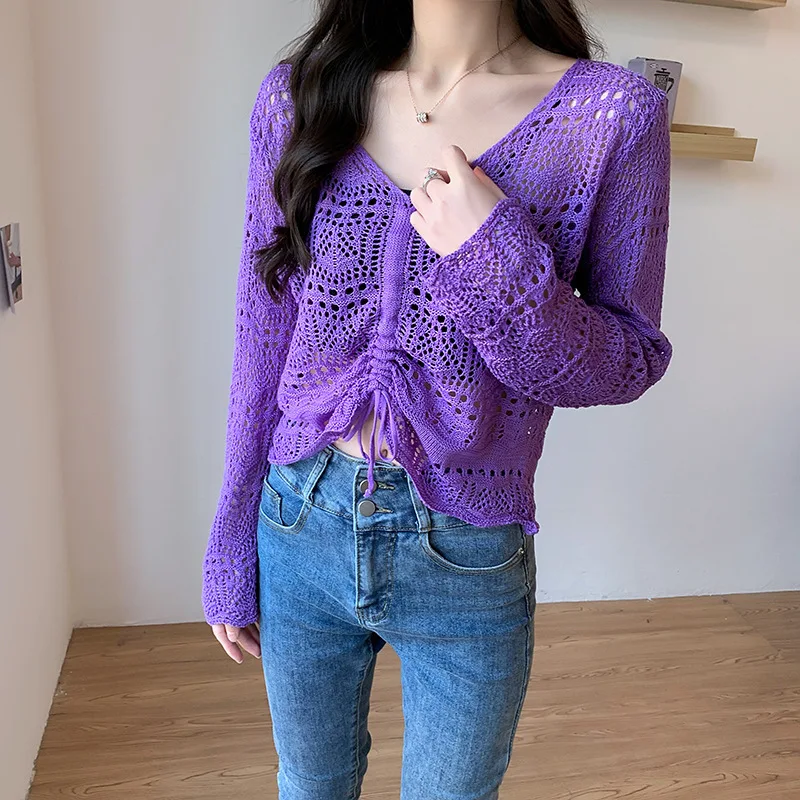 

Female All-Match Draw String Pullover 2024 Women Crocheted Crop Tops Sweaters Pullovers Solid Full Sleeve Leisure Tops for Women