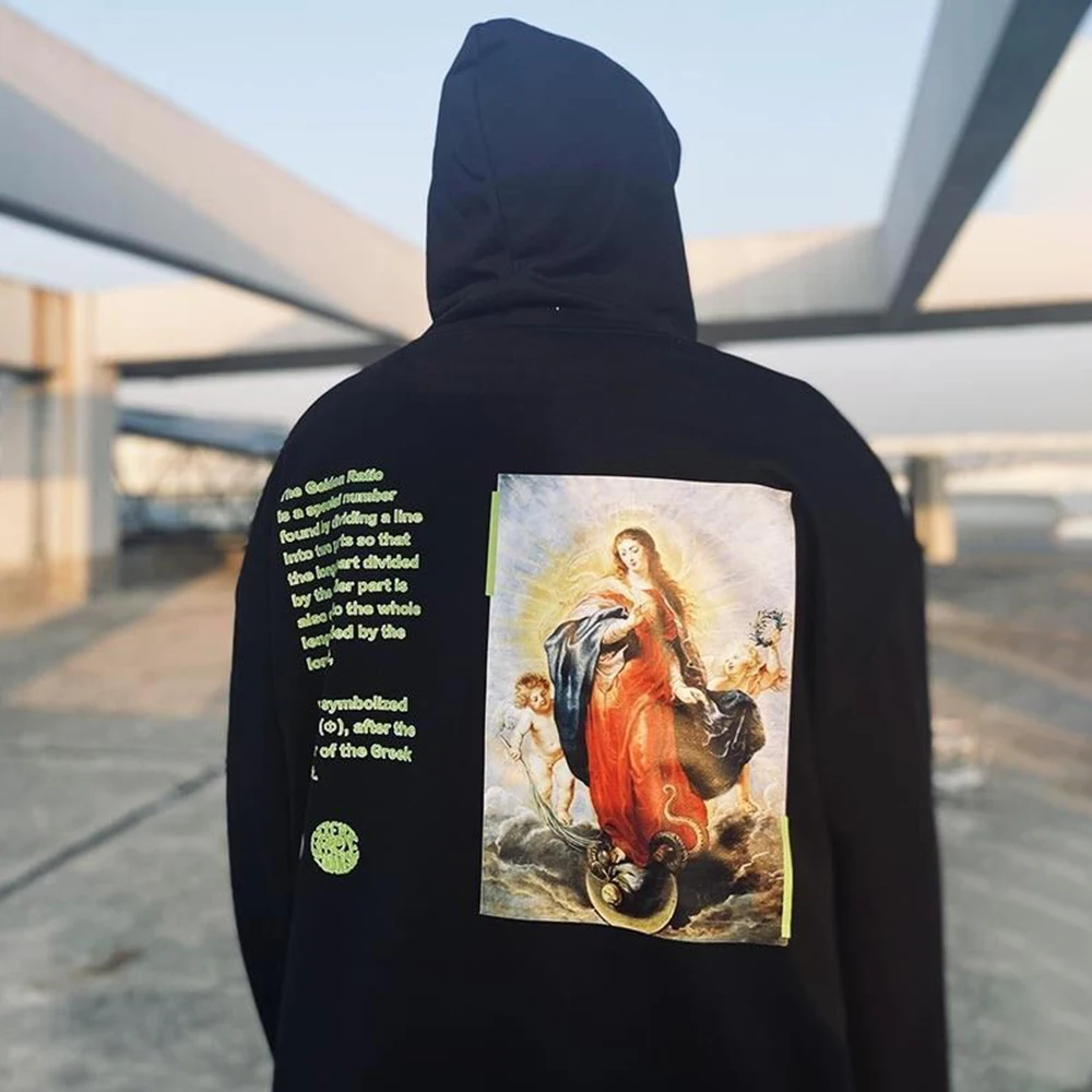 American Hip-hop Street Casual Long-sleeved Sweater Hooded Tatoo Autumn Virgin Mary Graffiti Street Fashion Men's Clothing