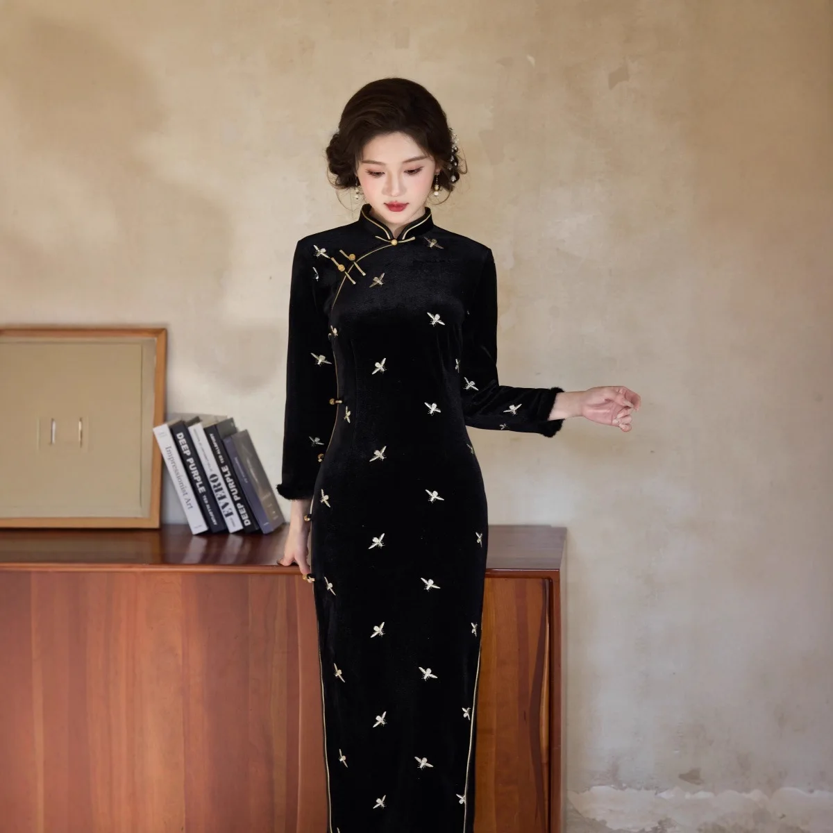 شتاء جديد المخمل الصيني تحسين شيونغسام سميكة مطرزة كسر زهرة الرجعية شيونغسام نمط طويل تشيباو #3