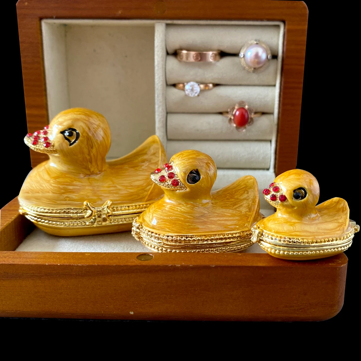 Set of 3 Cute Duck Family Duck Trinket Box Hinged Hand-Painted Ring Holder Storage Jeweled Duck Figurine Animal Dresser Decor