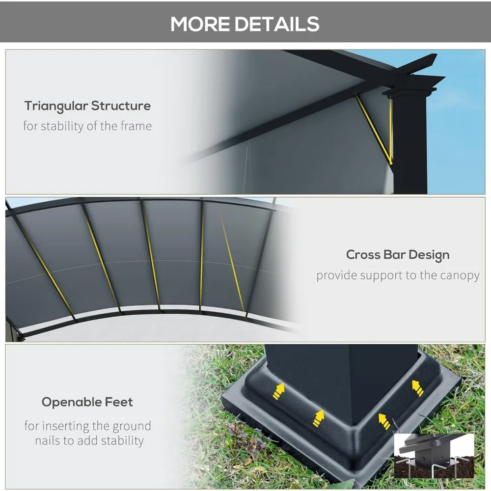 11' x 11' buiten intrekbaar, gebogen zonnescherm, metalen frame terrasluifel voor achtertuin, tuin, veranda, strand, grijs