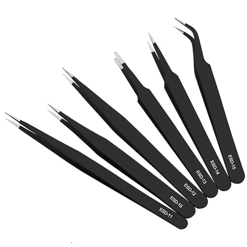 Antistatic Stainless Steel Tweezers 6 PCS Precision Maintenance Industrial Repair Curved Tool Home Work Model Making Hand Tools