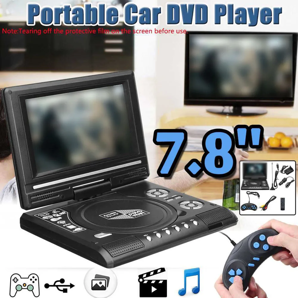 7.8 Inch TV Home Car DVD Player 16:9 Widescreen Portable 800mAH VCD CD MP3 HD Media-Player USB SD Cards RCA Cable Game