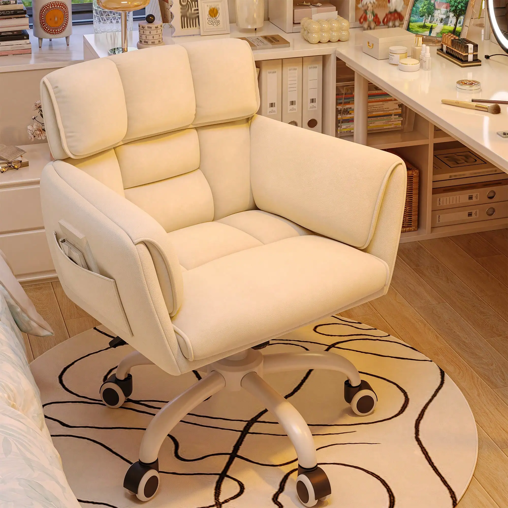 EnHomee Home Office Chair With Wheels & Side Pockets Vanity Chair Adjustable Height Soft Upholstered Modern Desk Chair With Backrest & Arm For Bedroom, Beige