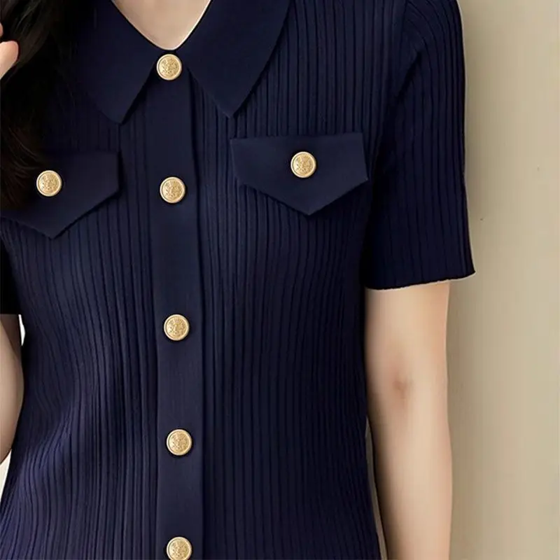 [Boutique Plus Size] High-end stylish polo collar single-breasted short-sleeved knitwear summer new cardigan top