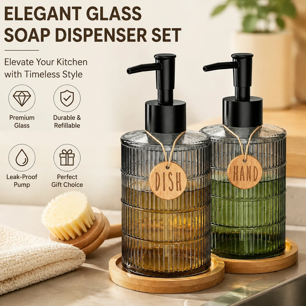 Glass Soap Dispenser Set with Tray, Refillable Hand Soap & Dish Soap Dispenser for Kitchen Sink for Farmhouse Kitchen Decor Gift