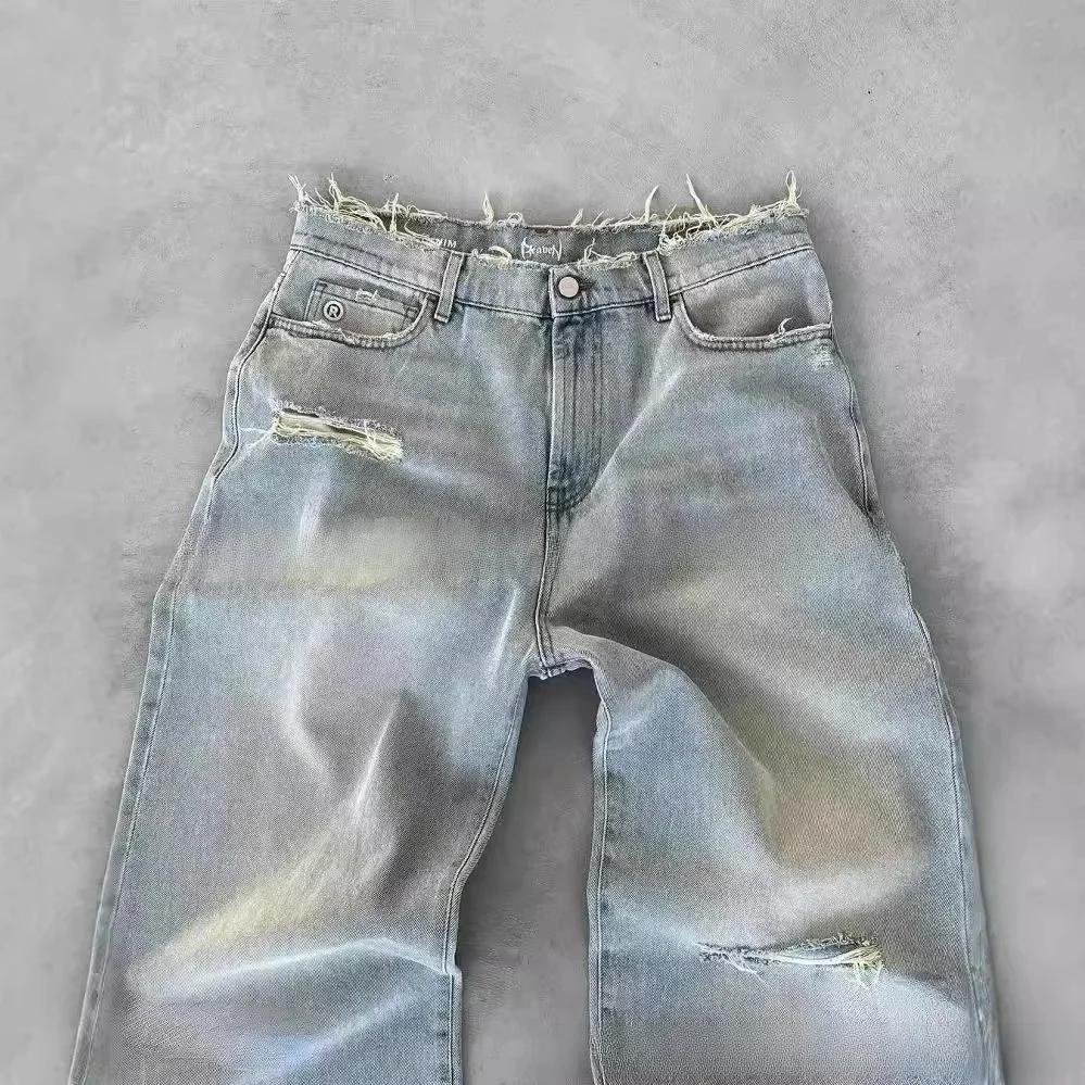 High Street Style Men's Distressed Straight Leg Jeans Embroidered Cuffed Long Pants Korean Version Special Wide Fit Casual Pants