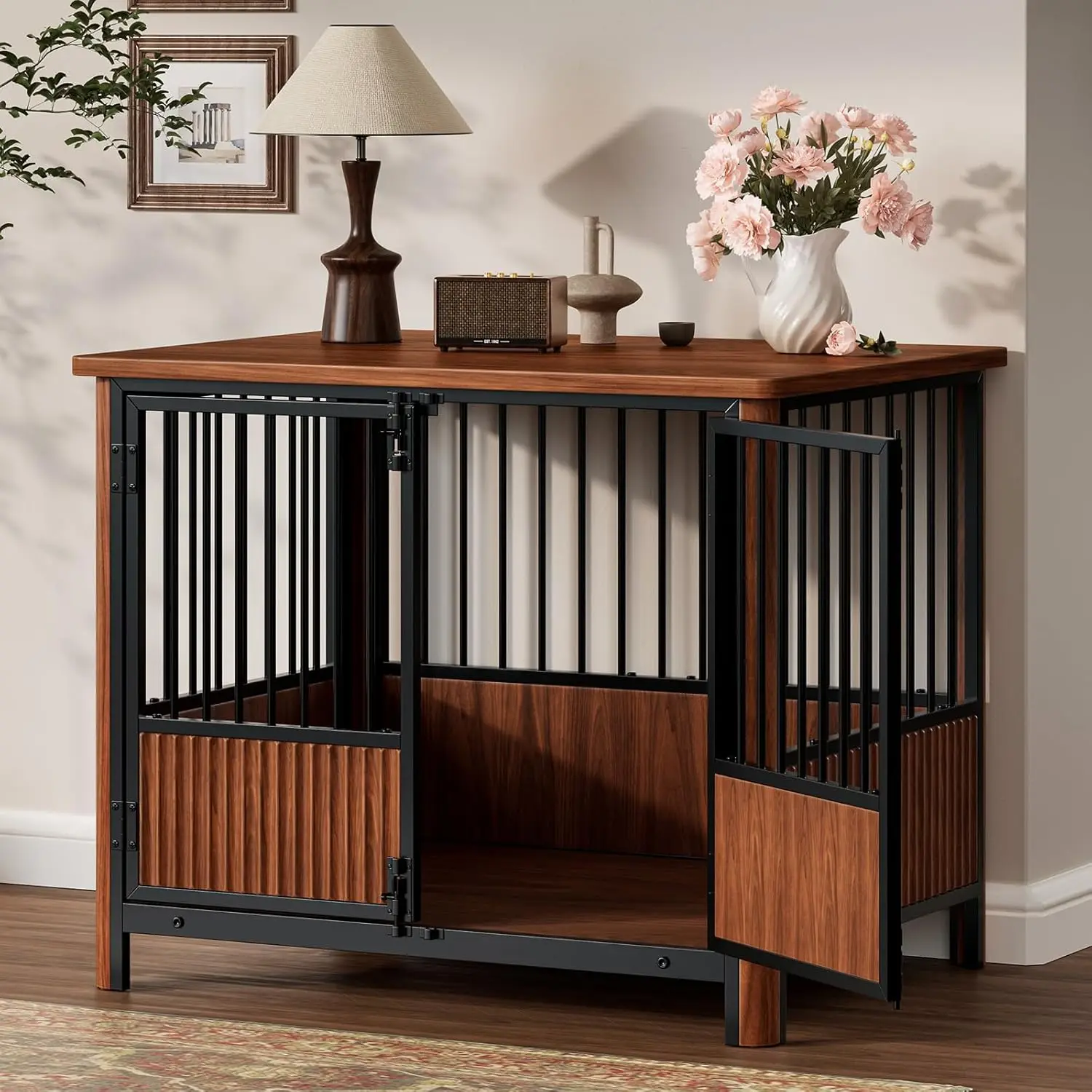 أثاث على شكل صندوق كلب مخدد مقاس 32 بوصة مع 3 أبواب، طاولة نهاية صندوق كلب مزخرفة داخلية حديثة، قفص بيت كلب خشبي للأطفال الصغار