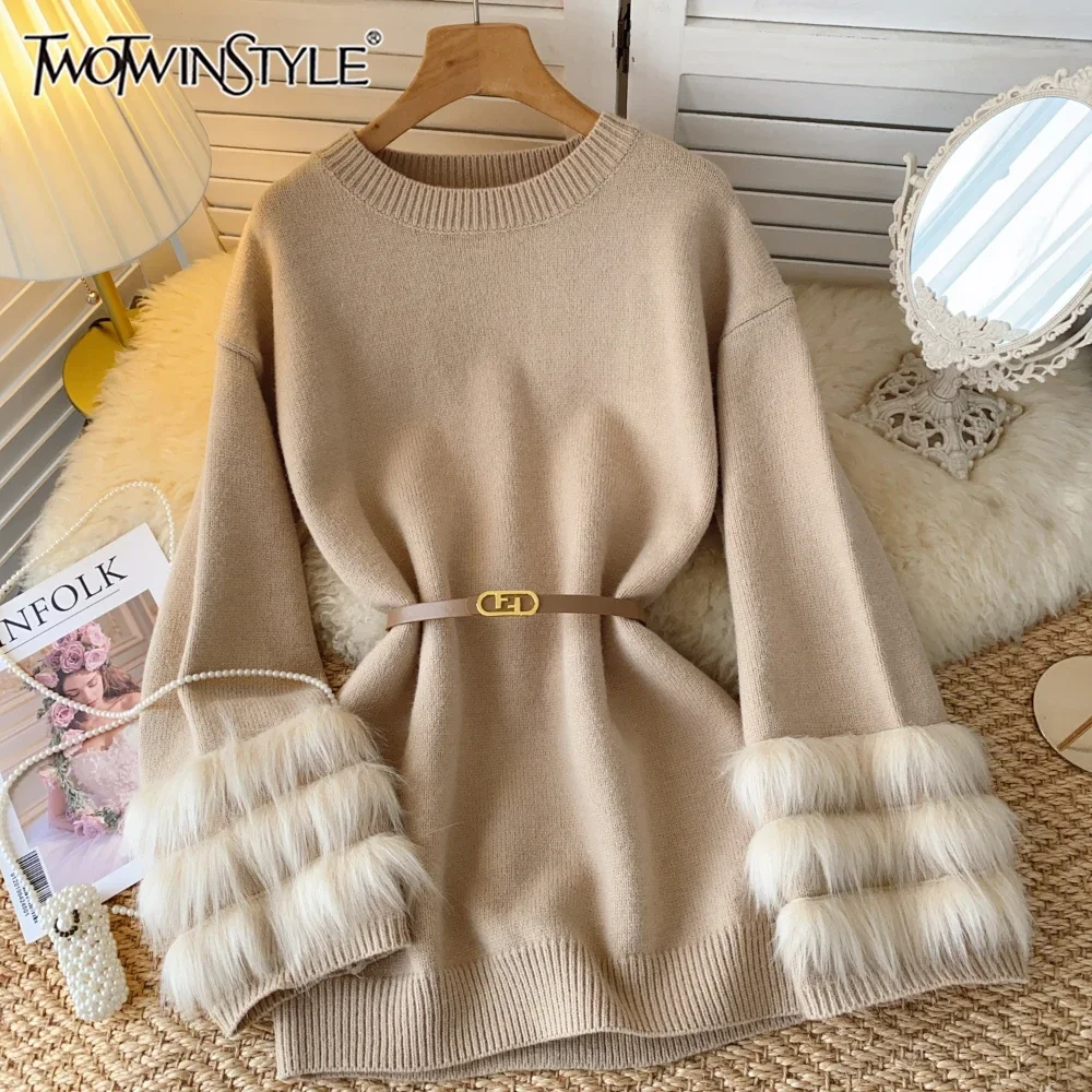 

TWOTWINSTYLE Solid Spliced Sashes Loose Sweater For Women O Neck Long Sleeve Temperament Pullover Sweater Female New KMY522422