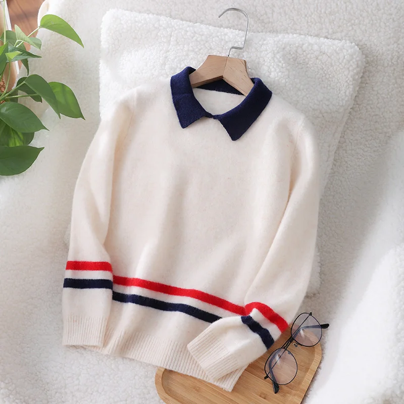 Turn-Down Collar  Unisex Style 100%  Merino Wool  Sweater Autumn And Winter  Pullover  Long Sleeve  Children's Clothing Tops view 5