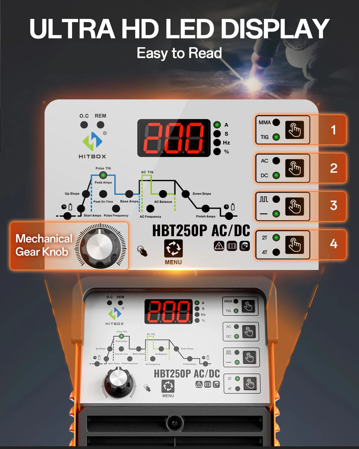US Ready Stock AC DC Pulse HITBOX Tig HBT250P Welding Machine Portable Aluminum ACDC TIG 250Amp STICK Welding Machine SQUARE
