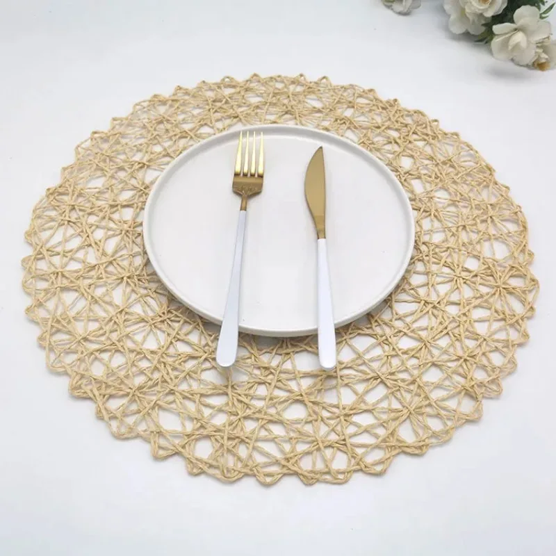 Round Paper Woven Placemats Wood Placemats Heat Resistant Rattan Mat Brown Paper Straw Placemats for Dining Party Wedding