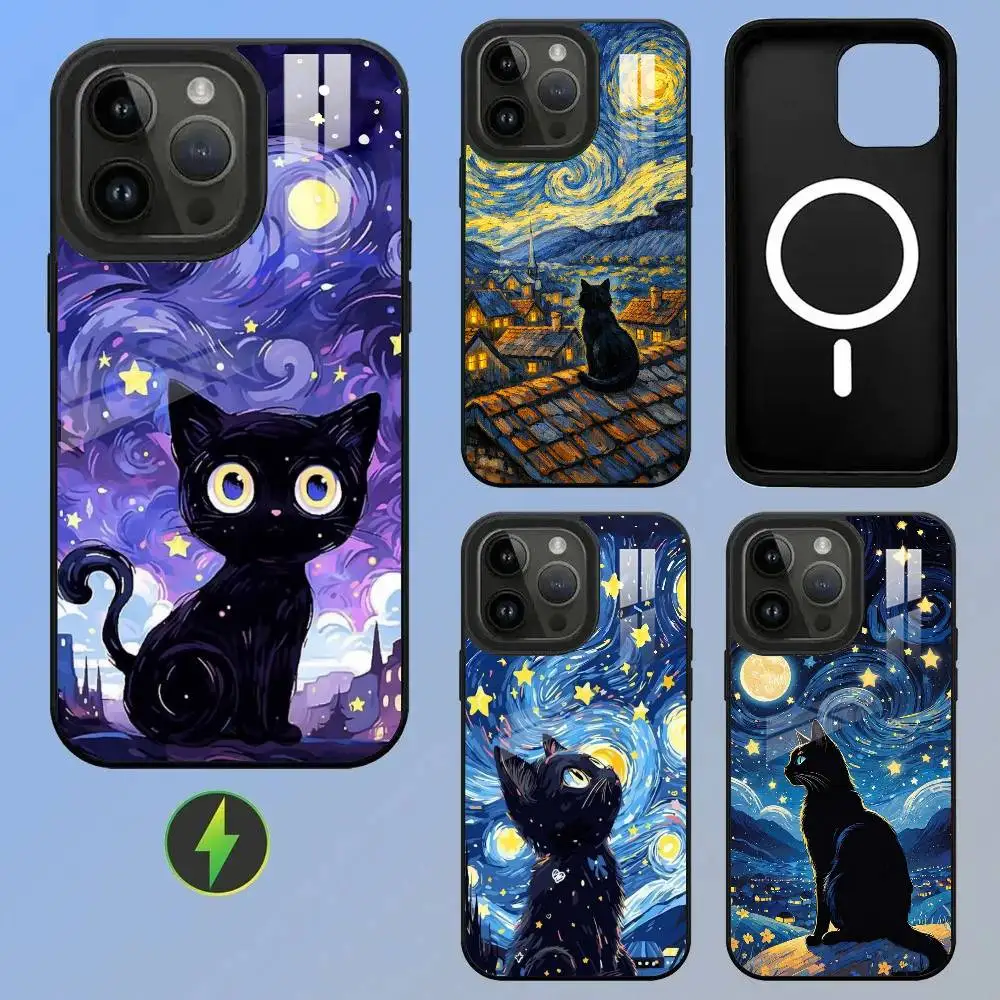 

Starry Sky Cat Luxury Glass-textured Printed Phone Case For iPhone 11/12/13/14/15/16/17 Plus, Pro, Pro Max & Air