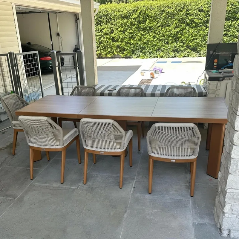 

9 Pieces Dining Set Patio Metal Rectangular Table and Wicker Rattan Chairs for Outside Porch Garden Kitchen Modern O