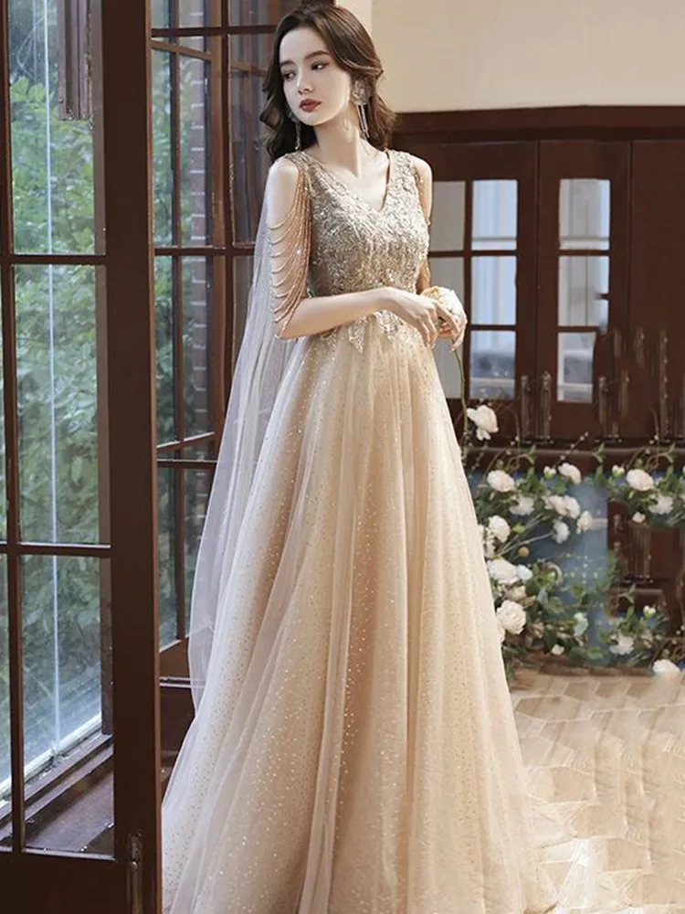 

Ele High Waist Evening Gown in Champagne Color for Hosts And Exam Candidates plus Size up to 200 Pou Long a Line Skirt