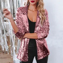 Blazer con paillettes Shinny da donna Casual manica lunga Shimmer Glitter Party giacca con risvolto lucido cappotto autunno Rave capispalla Blazer Femme