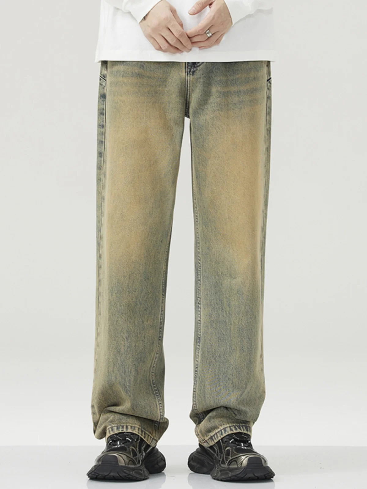 

Retro American Mud Dye Jeans Men's Trendy Street Loose Straight Leg Casual Long Trousers Wear Resistant Straight Tube Jeans