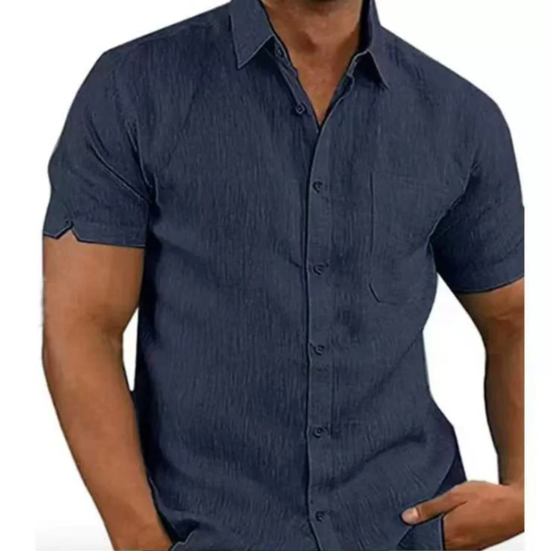 Camisa informal de lino y algodón para hombre, camisa de manga corta con cuello vuelto, Color sólido, transpirable, estilo playero, Verano