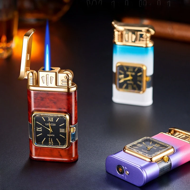 New Creative True Watch Windproof Jet Blue Fire Cigar Lighter Visible Gas Window Press One Button to Ignite Butane Gas Lighters