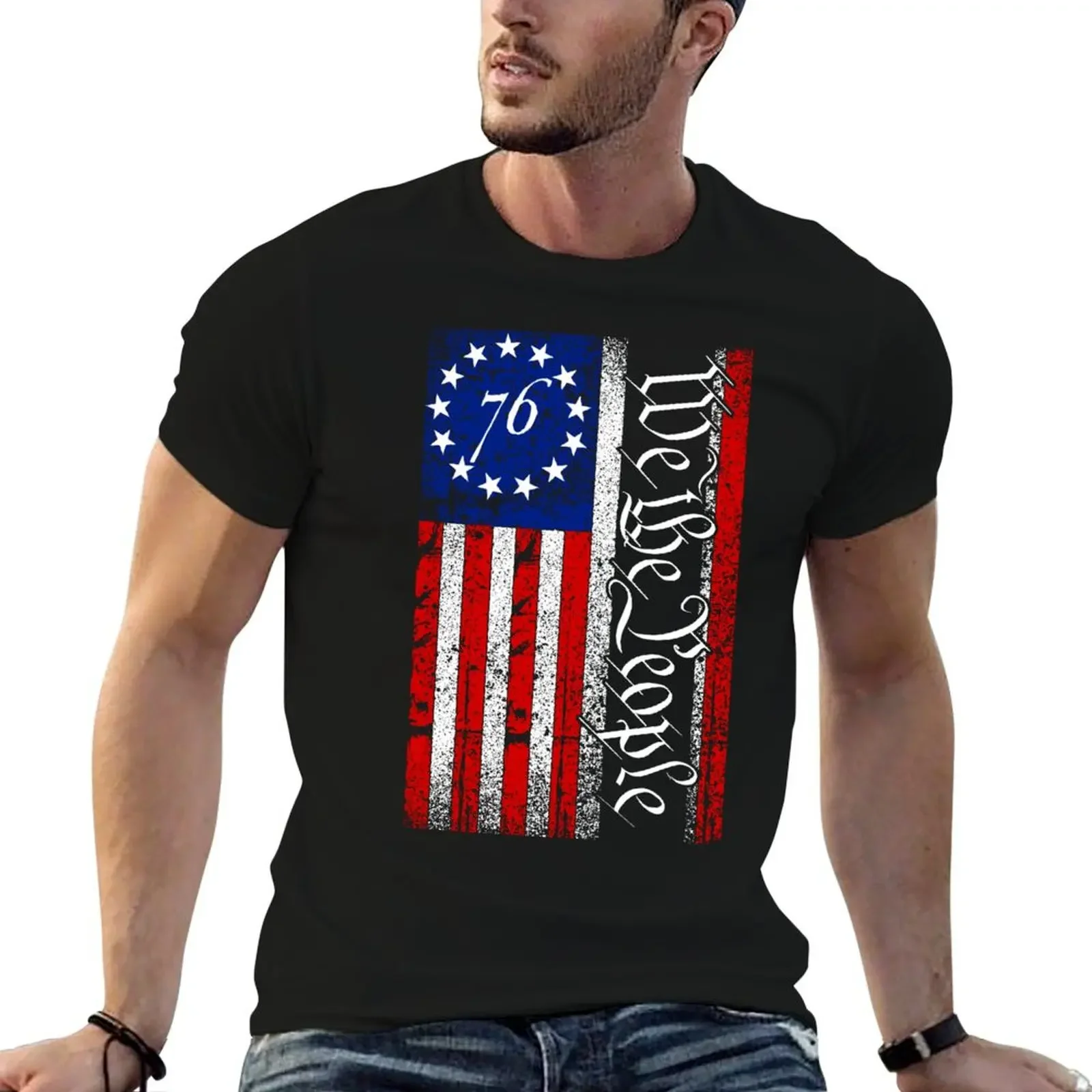 1776 We The People American Flag T-Shirt oversized basketball graphic tees black t-shirts for men