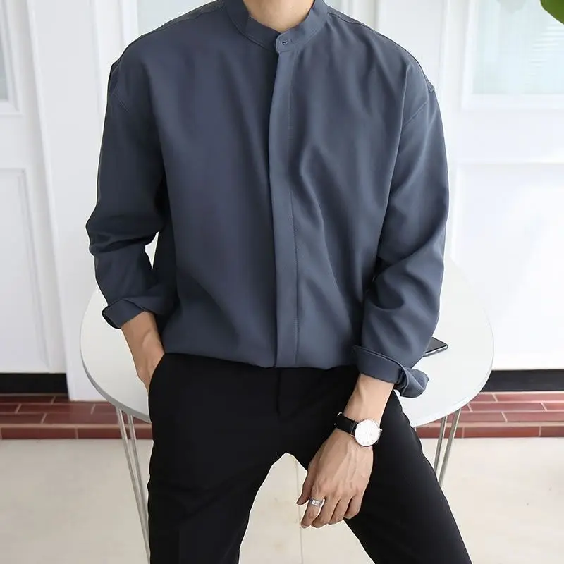 

High-end Gray-blue Stand-up Collar Shirt for Men Very Elegant Drapey Korean Style Spring Autumn Casual Shirt with Mature Style.