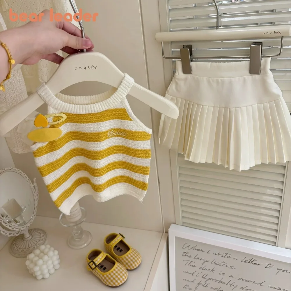 

Bear Leader Korean Version 2026 Summer Girls Clothes Fashion Hanging Neck Striped Knitted Vest+Pleated Skirt Sweet Two-piece Set