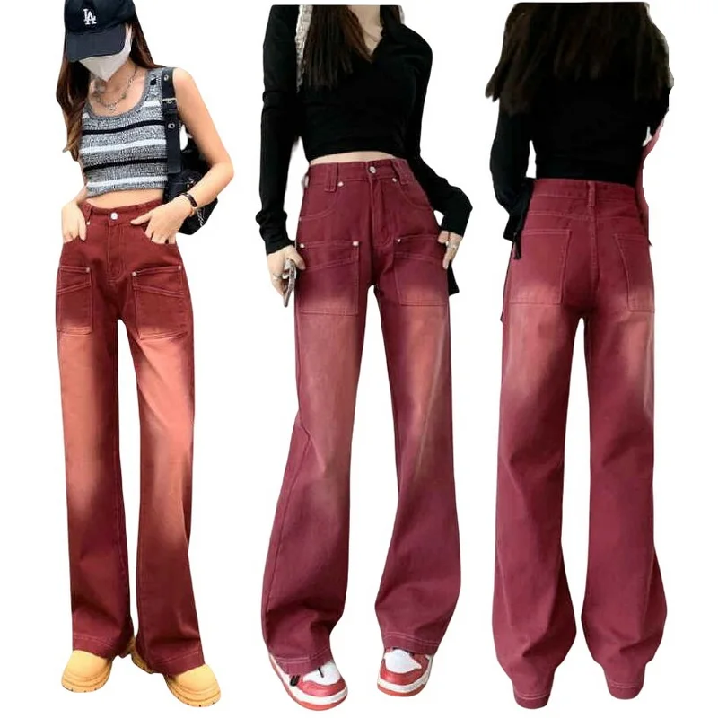 

Womens Jeans Vintage Multi Pocket Washed Jeans Street Loose High Waist Jeans Hip Hop Straight Leg Trousers