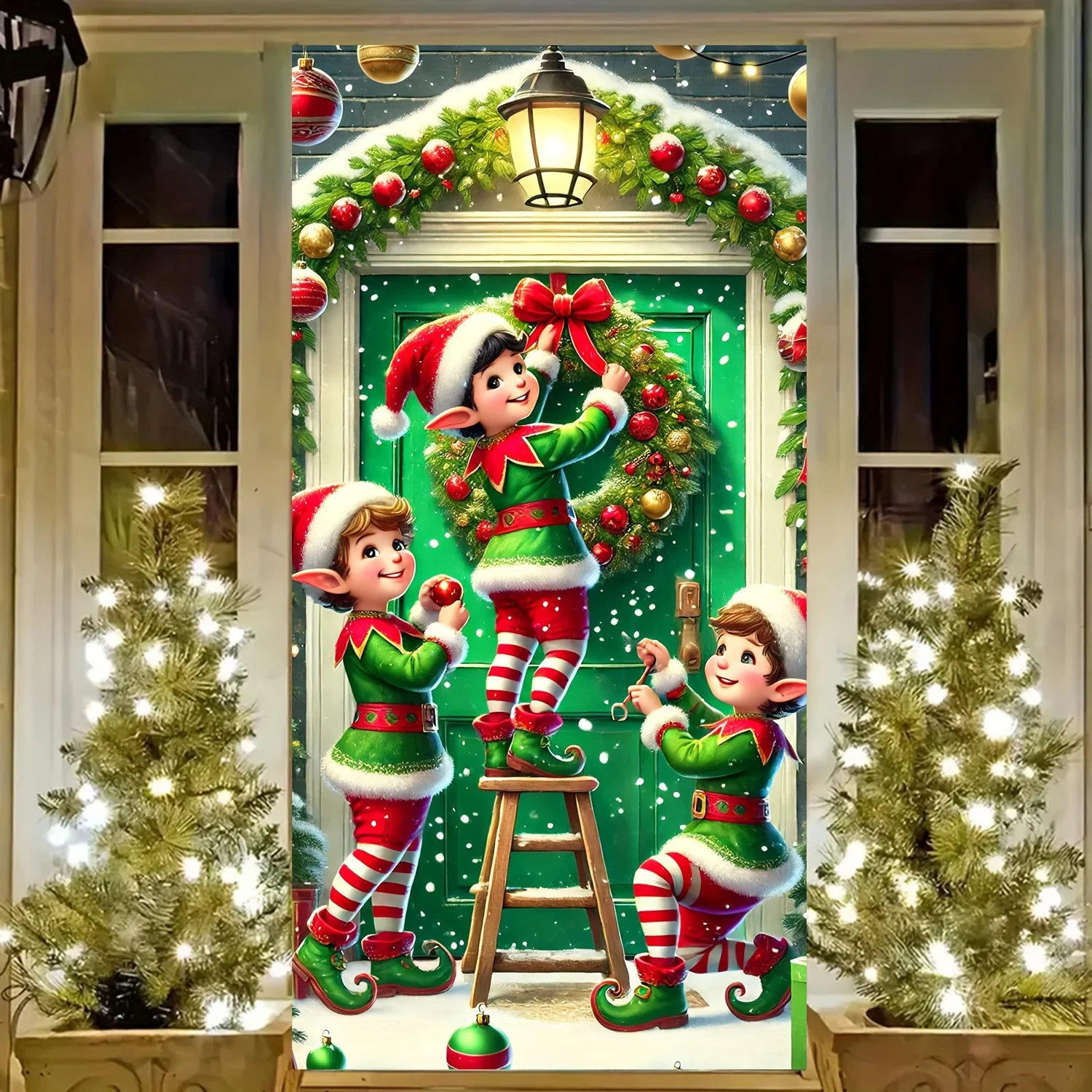 Christmas Elves Wreath Door Cover - 35.4x70.8in, Versatile Holiday Decor for Entryway & Room