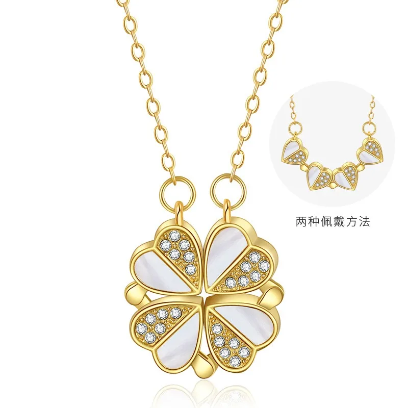 قلادة على شكل عظمة الترقوة نادرة قابلة للفصل على شكل قلب، قلادة برسيم متعددة الأغراض بأربع أوراق مزدوجة الارتداء