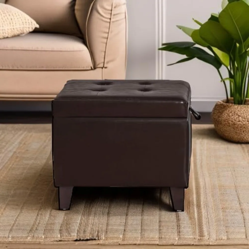 

17 Inch Square Storage Ottoman,Small Foot Rest Stool for Couch, Faux Leather Upholstered Footstool Cube for Entryway Bedroom