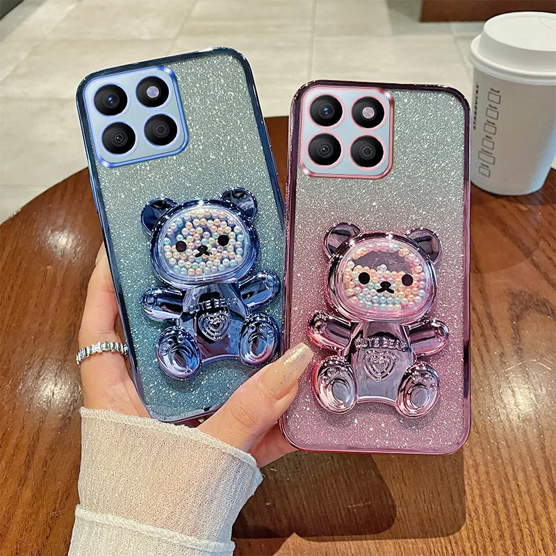 For Honor X8b Case Soft Silicone Bling Shockproof Electroplated TPU Cell Phone Casing For LLY-LX1 LLY-LX2 Back Cover Bear Stand