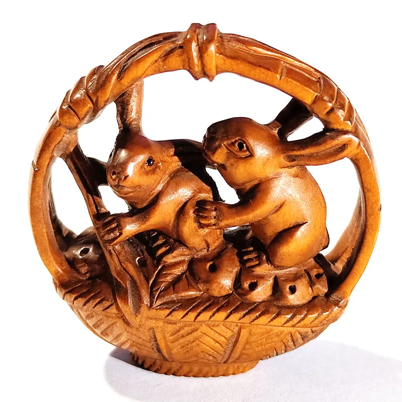 

Y8642 - 2 " Hand Carved Boxwood Netsuke Carving Figurine - 2 Pretty Rabbits on Basket