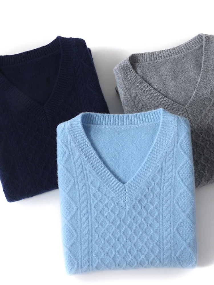 100% ميرينو الصوف الرجال الخامس الرقبة الخريف الشتاء سميكة الدافئة البلوز سترة موضة عادية محبوك سترة صوف من دون أكمام سترة