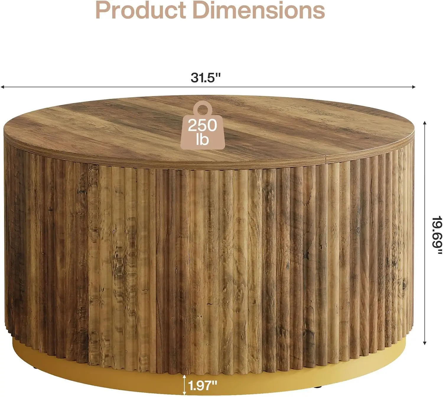 31.5 Inch Round Coffee Table, Fluted Wood Center Table with Stable Drum Base, Rustic Brown Accent Table for Living Room Small Apartment Office Decor view 2