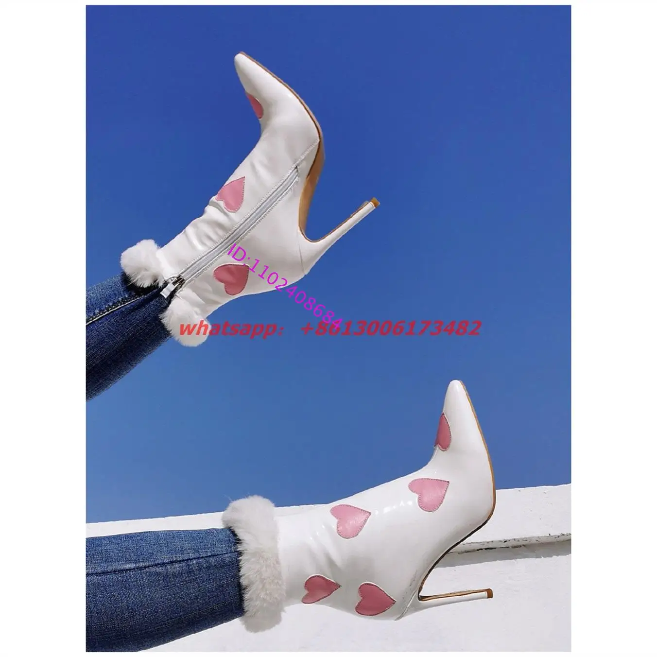 Festive Performance Patent Leather Peach Heart Pointed Toe High Heel White Ankle Boots Woman Plus Size Fur Snow High Heel Boots