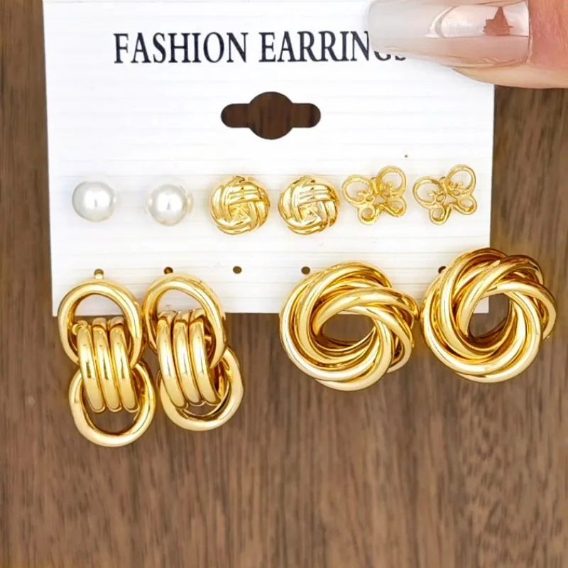 10pcs European and American cross-border hot selling female personality exaggerated high-end alloy geometric winding pearl