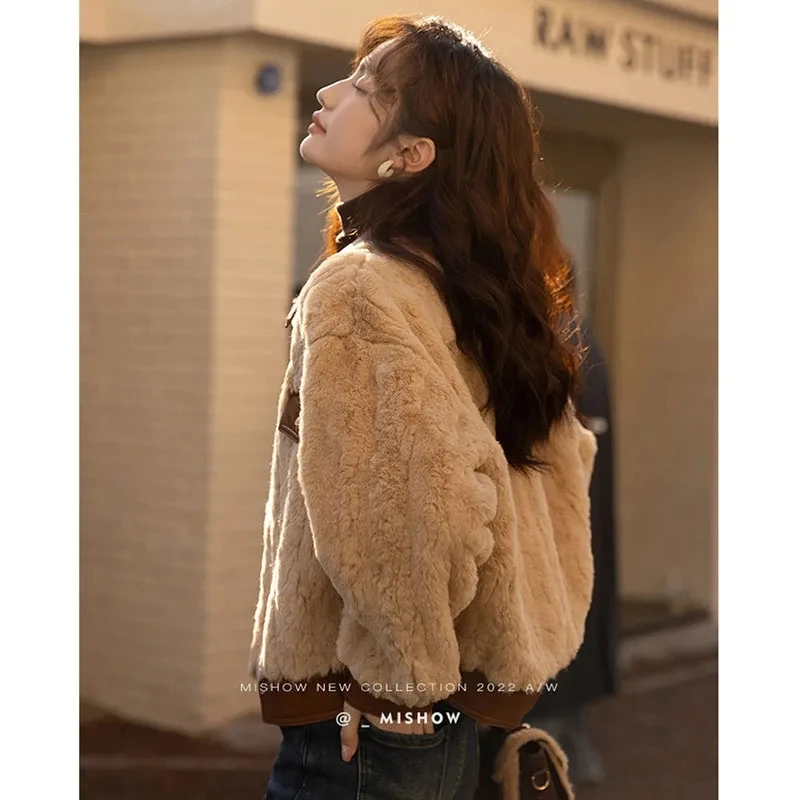 High Quality 2024 Autumn Winter New Women's Imitate Lamb Hair Combination Leather Short Thick Coat Imitation Fur Jacket Ladies