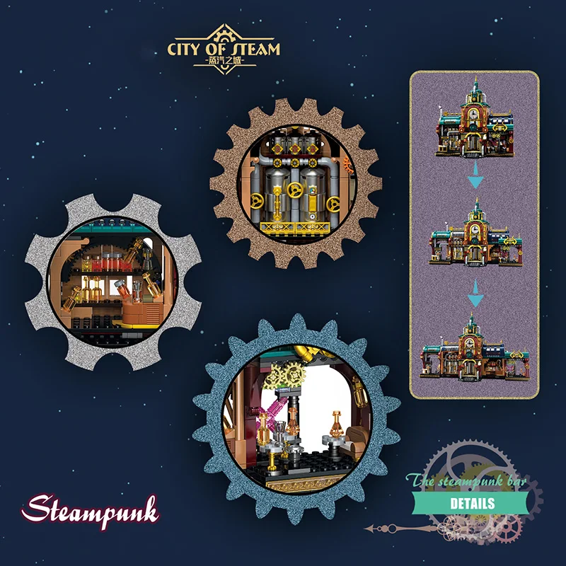 Creative 1557Pcs Steampunk Bar Model Building Blocks City Street View Architecture Bell Tower MOC BrIcks Toys For Children Gifts