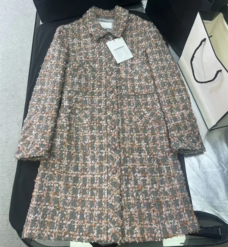 

Customization European women's fashion 2026 spring new collection Long-sleeved lapel single-button tweed long coat short suit