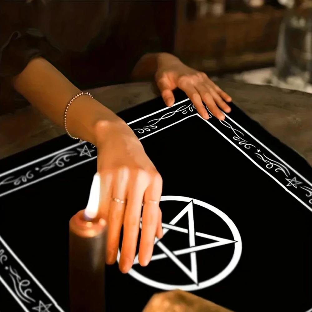 Black Pentagram Altar Cloth Tarot Cloth Mystical Divination Cloth Tarot Card Tablecloth with Elegant White Border Tarot Mat Deco