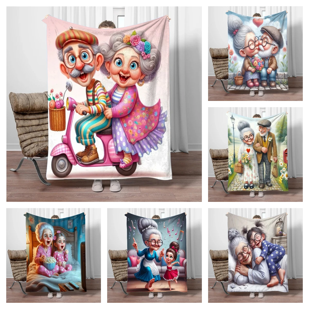 

Cartoon Grandpa and Grandma Flannel Blanket Soft Keep Warm Throw Blanket Blanket For Sofa Bed Office Camping Travelling Gifts
