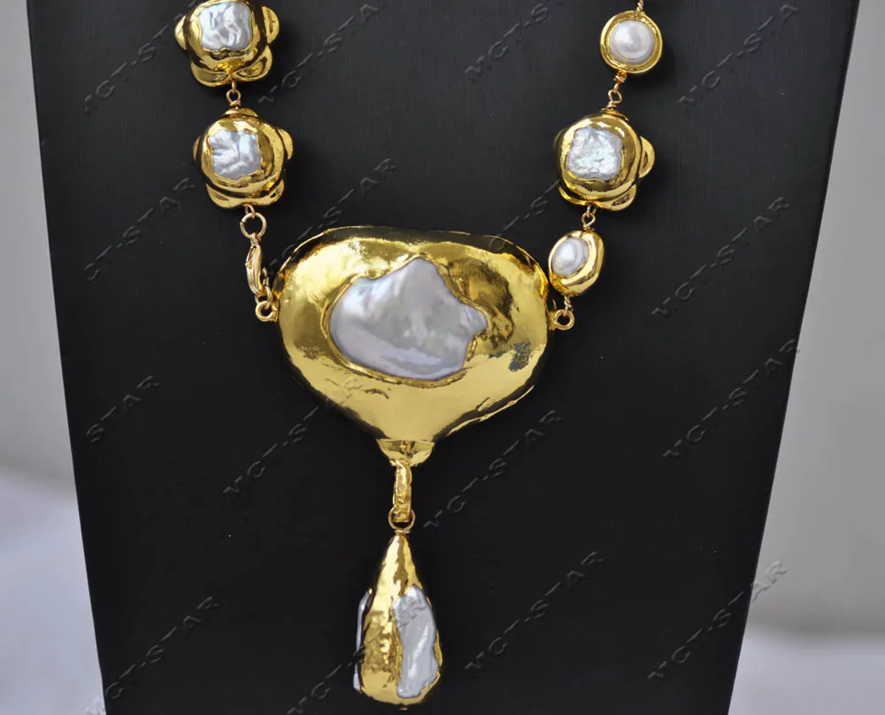 21" 50mm White Cultured Keshi Flower Pearl Chain Necklace Big Pearl Pendant Z13537