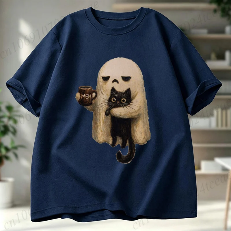 Ghost-Cat Shirt Spooky Black Cat Aesthetic Graphic Tops Women Men Short Sleeve Tees Funny Introvert Halloween Coffee Lover Gift